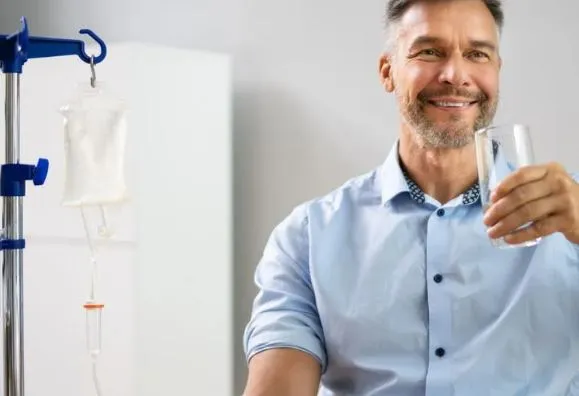 Business casual dressed Mid-aged gentleman enjoys drinking a glass of water while he enjoys his IV drip